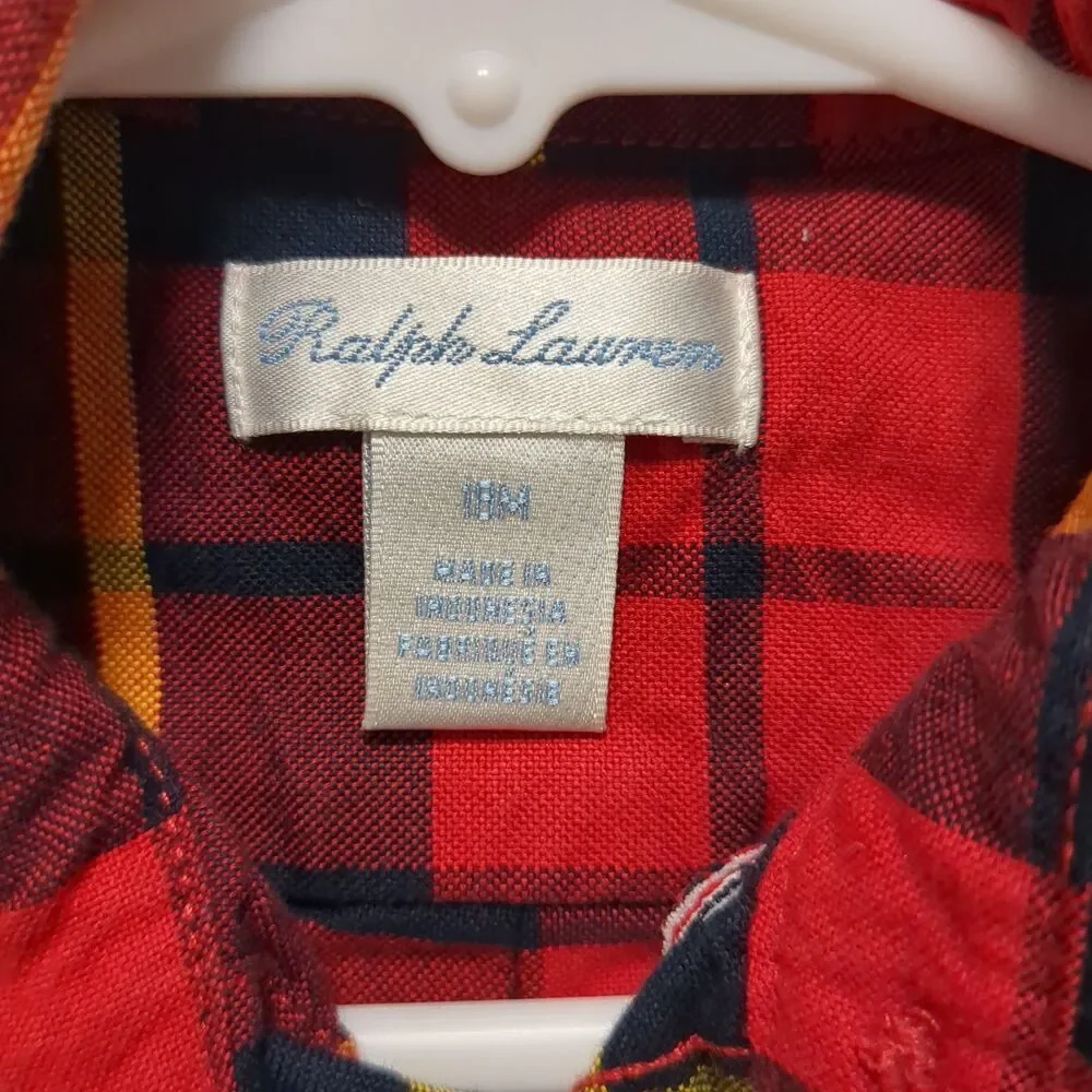 Ralph Lauren Red Black Yellow Plaid Button Down Cotton Shirt Boys Size 18 Months